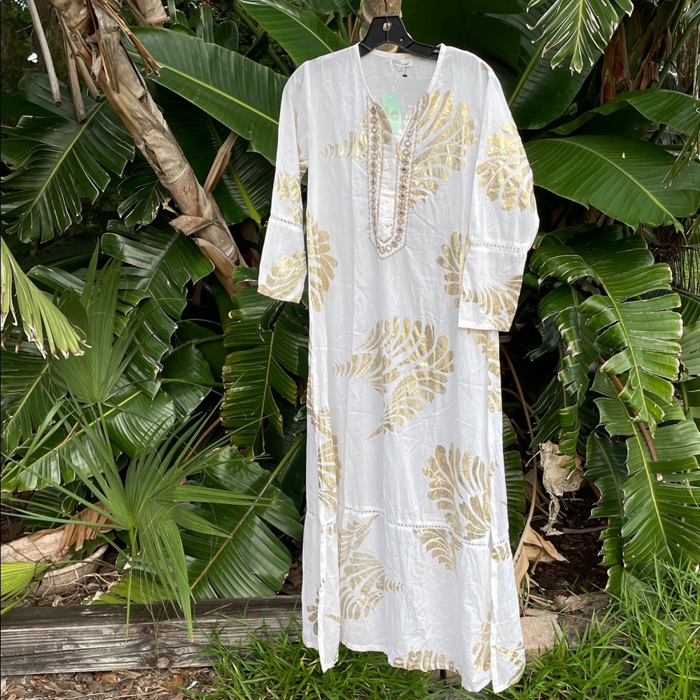Debbie Katz, Tasha, gold leaf print tunic dress or swim cover-up